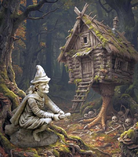 Hexe Baba Jaga auf dem Besen - Amüsante Halloween Gartenfigur 90cm