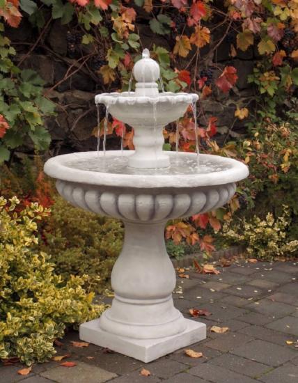 Gartenbrunnen mit 2 Wasserschalen und Kugel aus Weißbeton