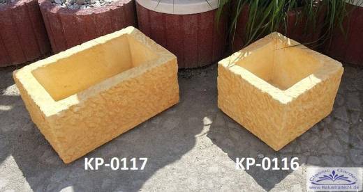 BAD-KP0116 Pflanzkübel rechteckig im Design behauener Sandsteintrog als Blumenkasten oder Wasserbecken in 3 Größen Beton Steinguss