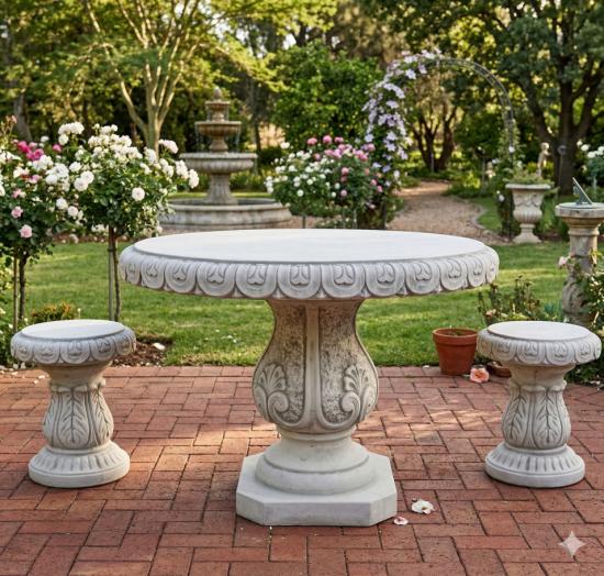 Steintisch Betonmöbel Gartentisch runde Beton Tischplatte 107cm Steinguss frostfest 210kg