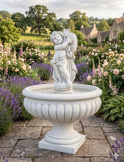 Gartenbrunnen Standbrunnen mit großer Brunnen Wasserschale | Putten Figur mit Fisch Wasserspeier 115cm 333kg