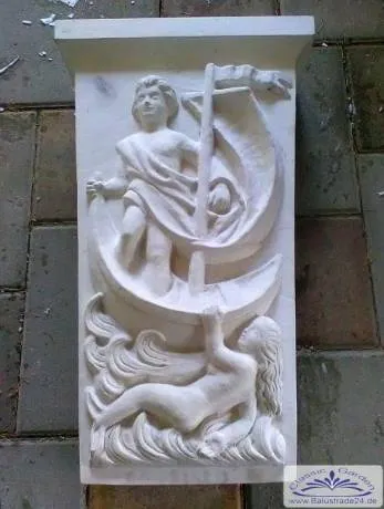 Loreley Stein als Fassadenstuck Schlußstein mit Meerjungfrau Nixe mit Schiff als Keilstein Zierelement 30x17cm