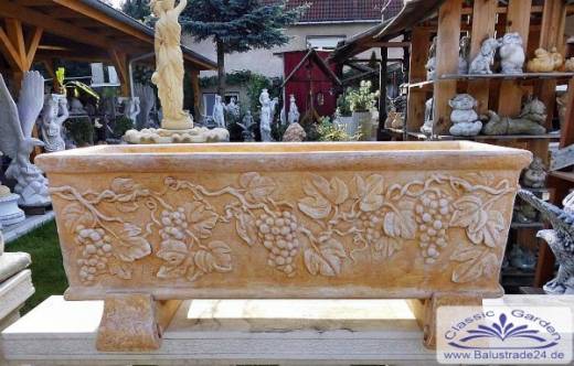 BAD-6100 Blumenkasten Pflanzkasten mit Weinlaublaub als Pflanzkasten für Balkon aus Beton Steinguss 69cm 36kg