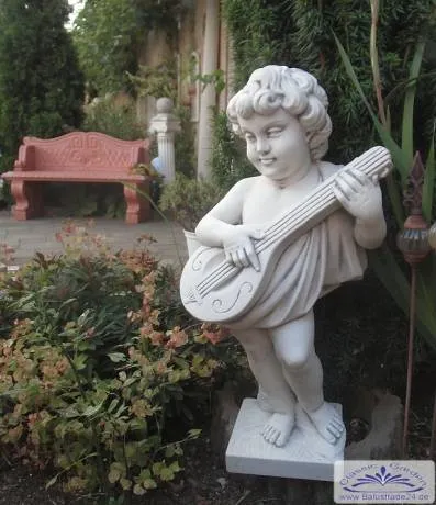 BAD-KP0223 Gartenfigur Putte mit Mandoline musizierende Parkfigur Beton Steinguss Figur 70cm 38kg