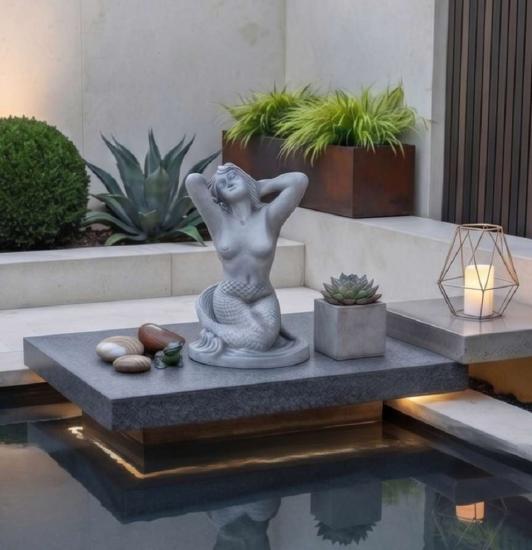 Gartenfigur Meerjungfrau Skulptur Nixe Beton Steinguss Figur als Steinfigur 57cm