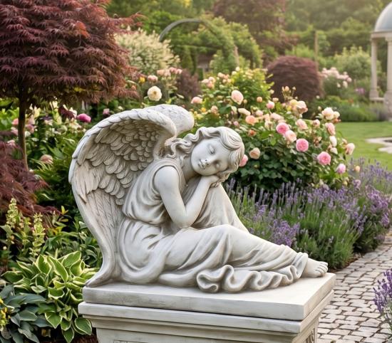 Beeindruckende Engelfigur liegend mit langem Kleid Beton Engel Steinfigur 42x54cm 45kg