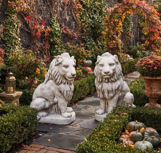 Gartenfiguren Löwen Steinfiguren sitzende Lions Torlöwen Steinkunst 96cm