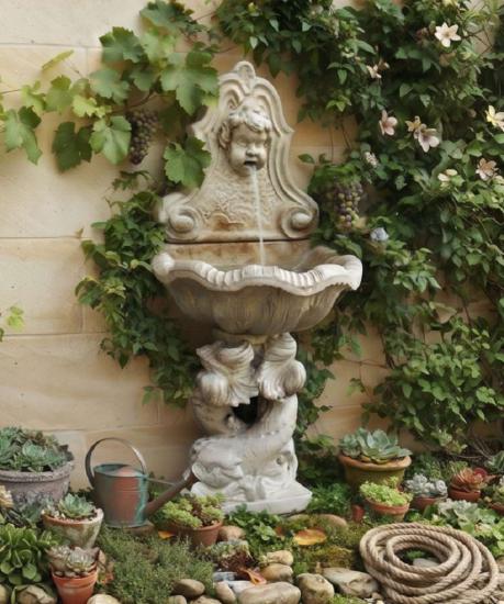 Wandbrunnen Steinguss mit Fischmotiven Putten Wasserspeier Kopf 125cm 105kg