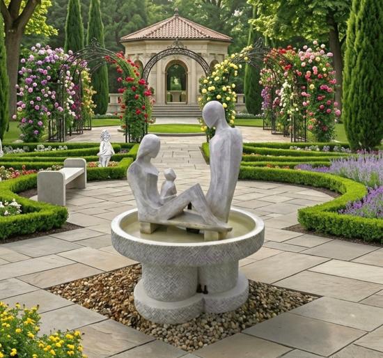 Moderner Gartenbrunnen mit Skulptur Junde Familie