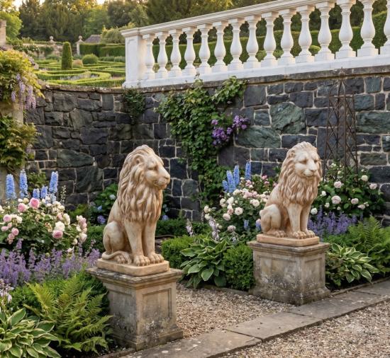Gartenfiguren Löwen Steinfiguren sitzende Löwenfiguren Paar Set links rechts 92cm