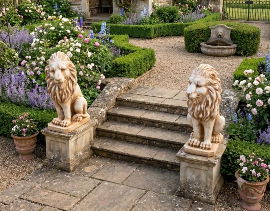 Gartenfiguren Löwen Steinfiguren sitzende Löwenfiguren Paar Set links rechts 92cm