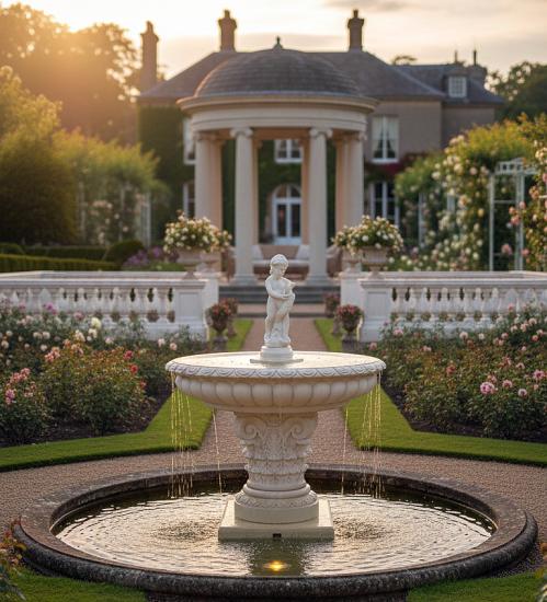 parkbrunnen mit wasserschale und figur