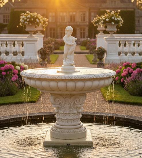 garten springbrunnen mit wasserschale und figur