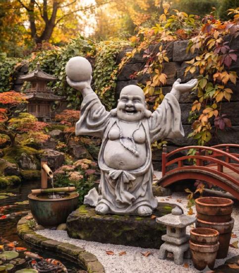 Happy Buddha mit Kugel lachende Buddhafigur Beton Steinguss Steinfigur