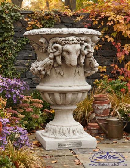 Pflanzamphore Widderkopf Vase Ziervase Pflanzgefäß aus Beton Steinguss104cm
