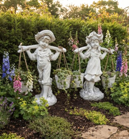Gartenfiguren Wasserträgerin Mädchen und Junge mit 2 Kübel bepflanzbar Steinfiguren Gartendekoration 58cm