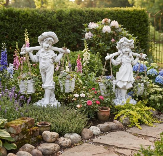 Gartenfiguren Wasserträgerin Mädchen und Junge mit 2 Kübel bepflanzbar Steinfiguren Gartendekoration 58cm