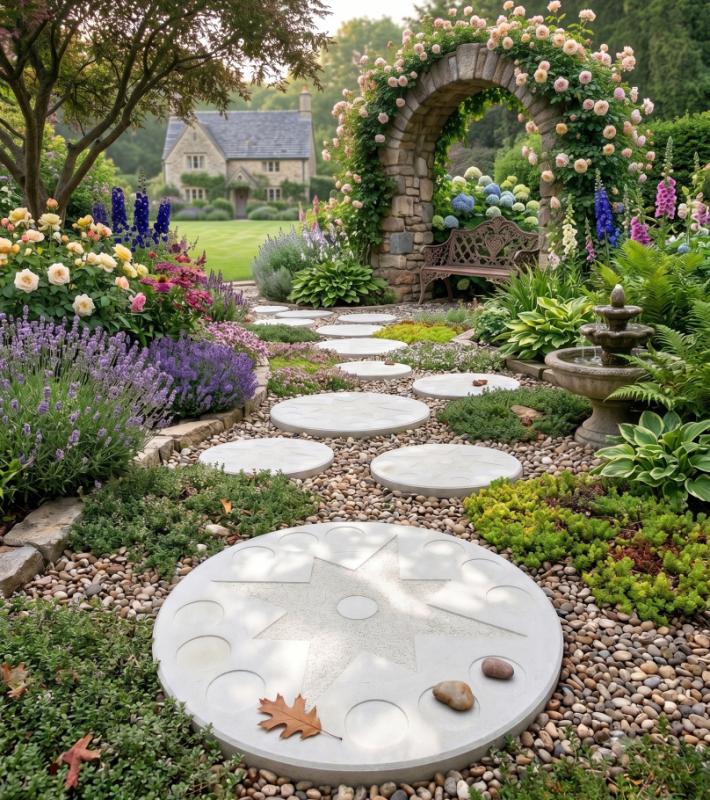 Runde Betonplatten 49cm als Gartenweg Trittplatten aus Weißbeton Garten Trittstein Platten