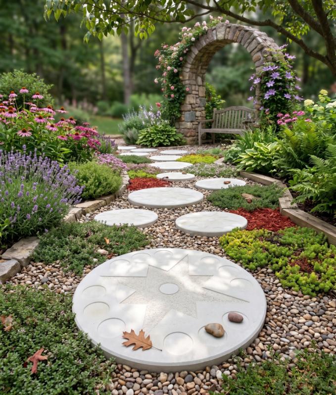 Runde Betonplatten 49cm als Gartenweg Trittplatten aus Weißbeton Garten Trittstein Platten