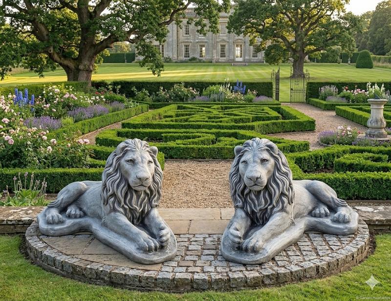 Löwen Figuren Paar als liegende Beton Steinfiguren 69x35cm 61kg