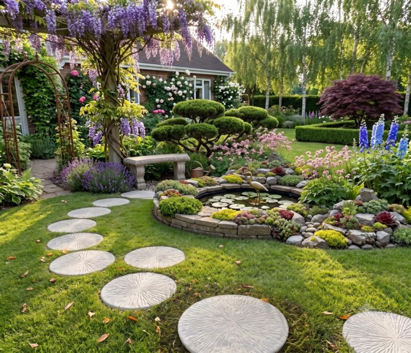 Runde Betonplatten 60cm als Gartenweg Trittplatten aus Weißbeton Garten