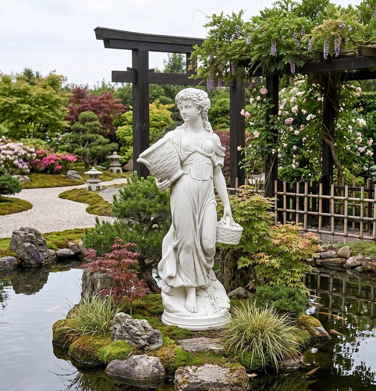Gartenfigur Blumenmädchen Dona Frau mit Blumenkorb Steinfigur 135cm