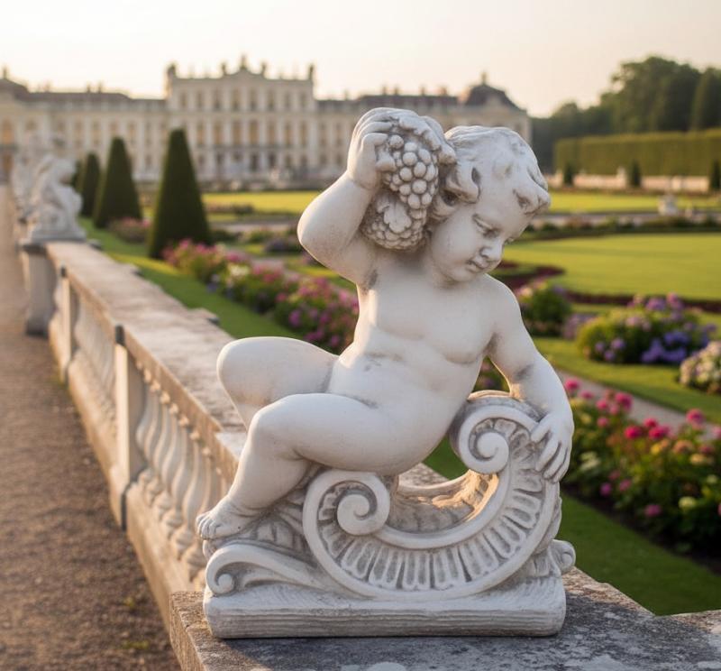 Parkfigur Putte mit Wein und Trauben Steinfigur
