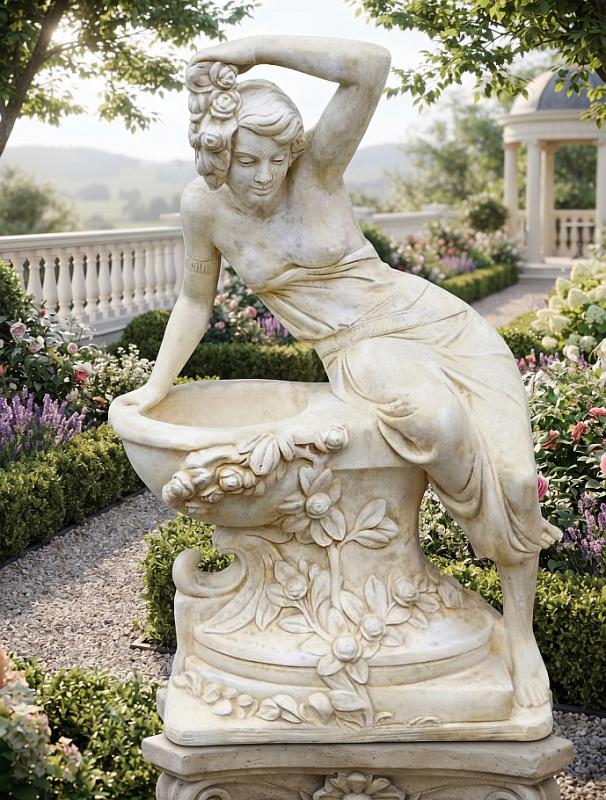 Gartenfigur Frau mit Pflanzschale Weißbeton Steinguss 141cm