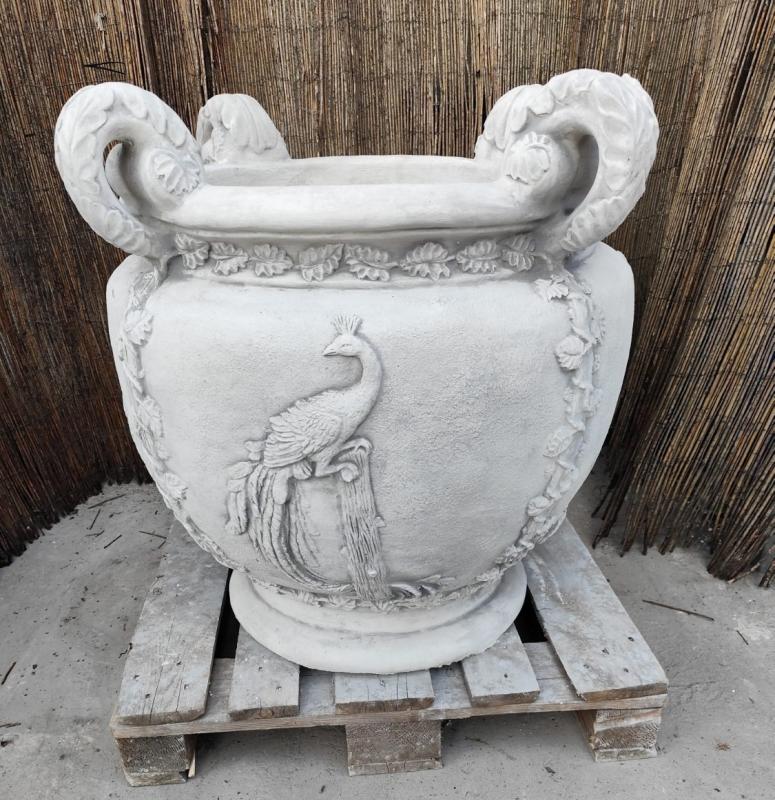 XXL Pflanzgefäß mit Henkel – Elegante Steinvase mit Fasan für den Garten
