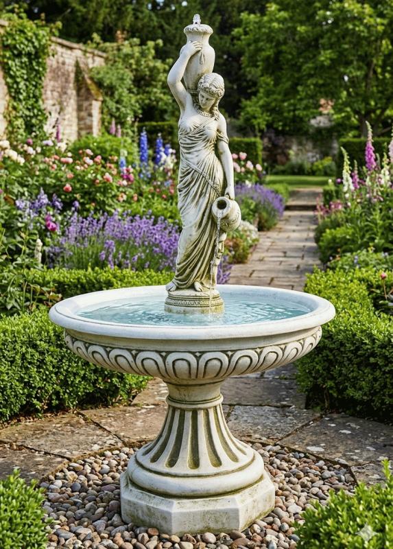 Gartenbrunnen mit großer Wasserschale und Frauen Figur Wasserträgerin 252cm
