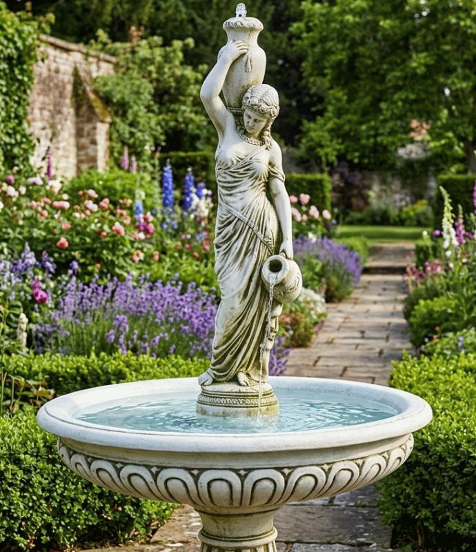 Gartenbrunnen mit großer Wasserschale Figur Wasserträgerin Frau mit Wasserkrug