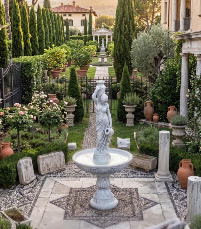 Großer Gartenbrunnen mit Wasserträgerin Figur Frau mit Krug Steinguss Springbrunnen 230cm 373kg