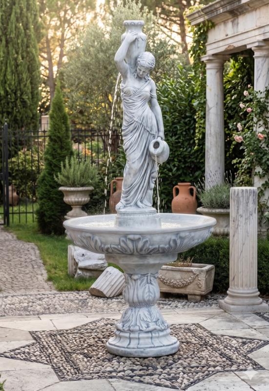 Großer Gartenbrunnen mit Wasserträgerin Figur Frau mit Krug Steinguss Springbrunnen 230cm 373kg