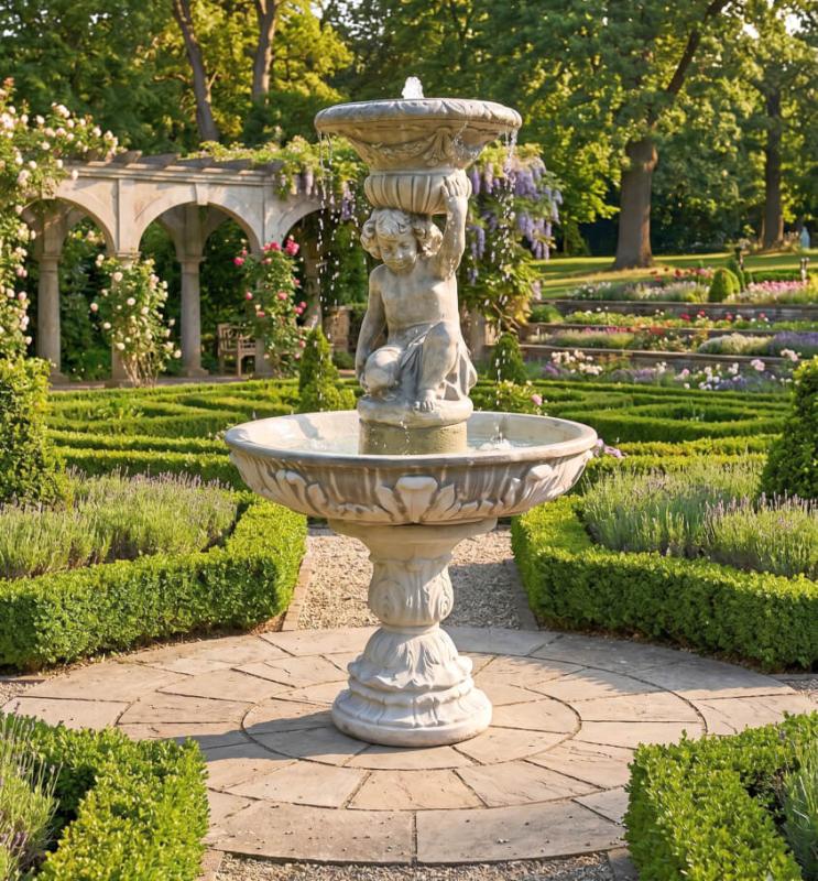 Gartenbrunnen mit Parkfigur großer Wasserschale Steinguss Springbrunnen 180cm