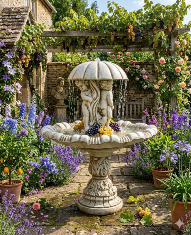 Springbrunnen mit Figur Putten und Schirm