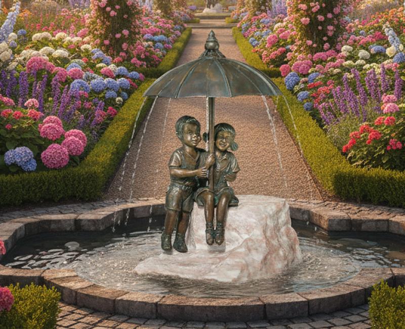 Lilly & Peter Bronzefigur Schirmpärchen als Wasserspeier 50cm