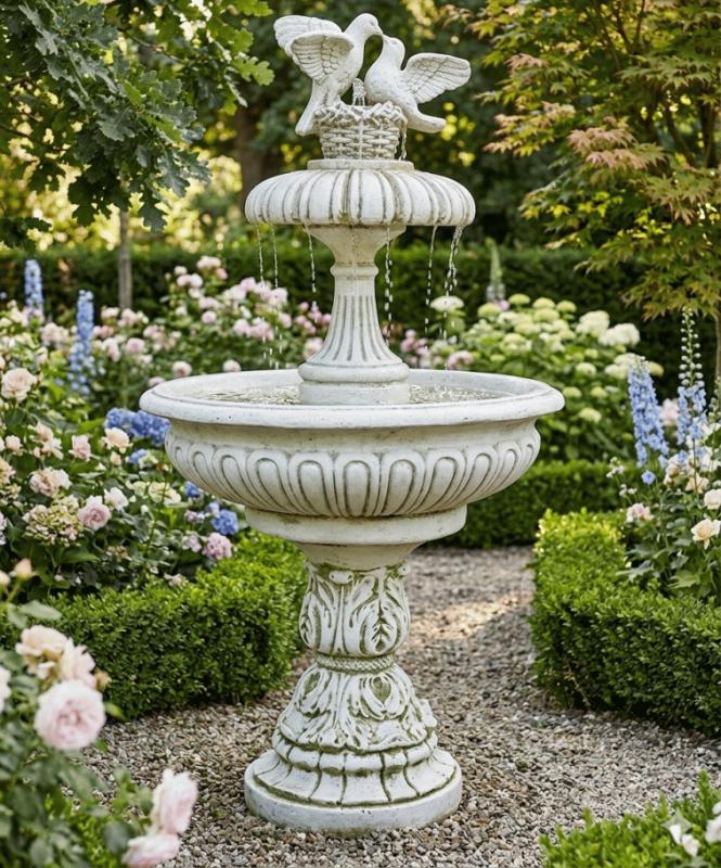 Gartenbrunnen mit Sockel Fuß mit Turtel Taubenpaar