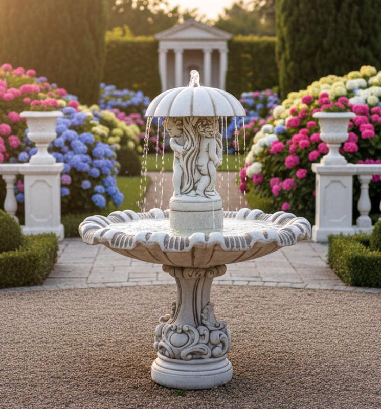 garten Spingbrunnen mit Regen Schim und Kinder Putten Figuren