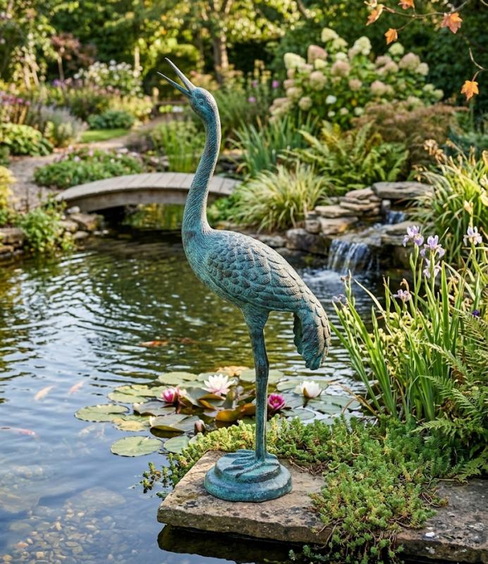 Elegante Bronzefigur Stehender Reiher mit aufrechtem Kopf auf Sockel 60cm