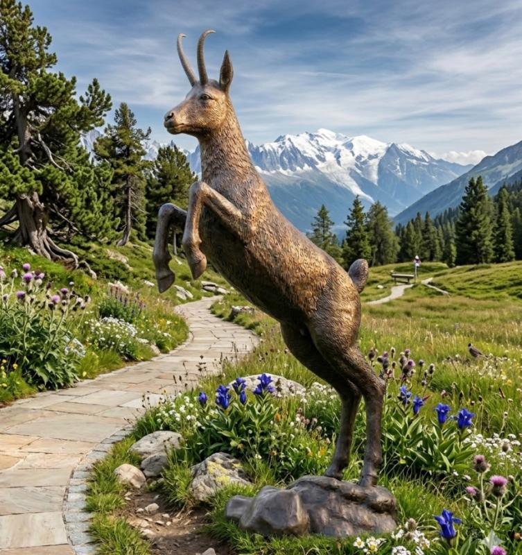 Bronzefigur Bergziege Lebendige Springziege aus Bronze Gartenfigur