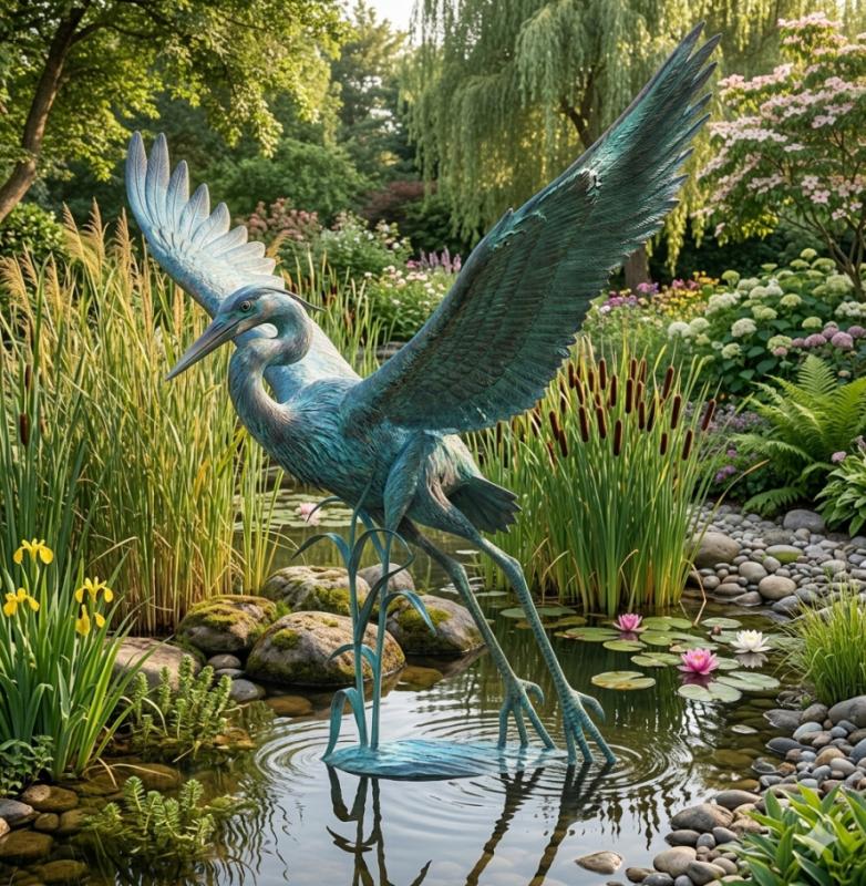 XL fliegender Kranich Bronze Gartenteich Figur