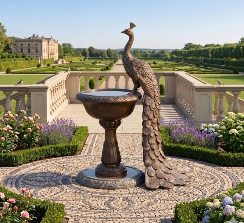 Bronzefigur Pfau am Brunnen – edle Tierfigur mit Wasserspiel 143cm