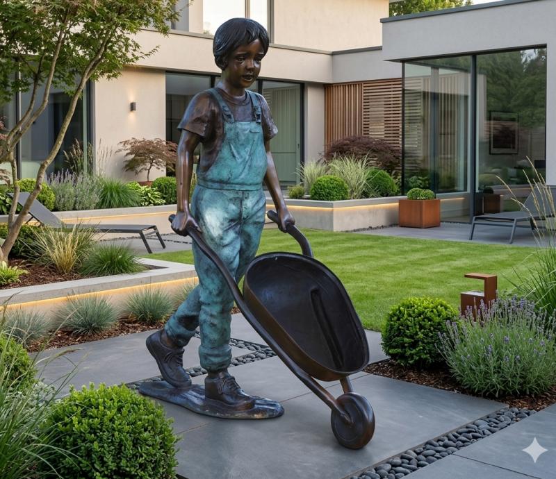 Bronzefigur Gärtner Junge mit Schubkarre