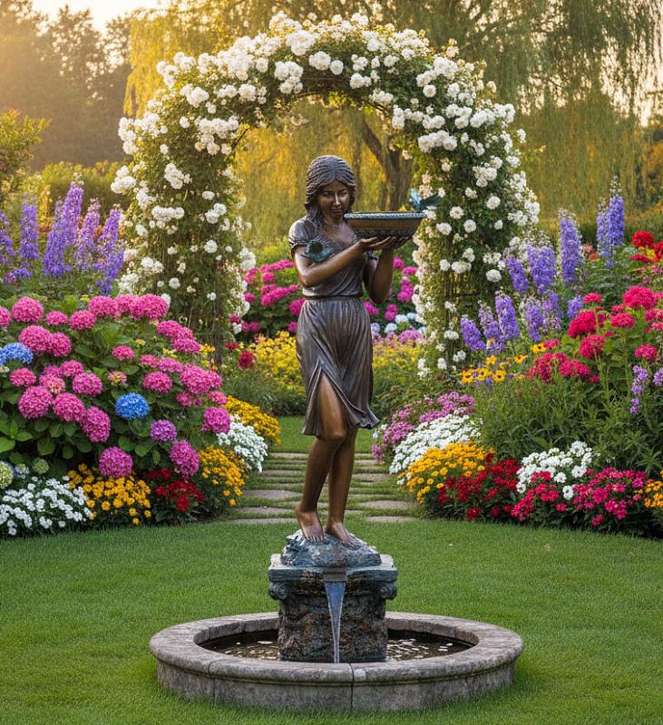 Bronze Figur Frau mit Wasserschale und Schmetterling