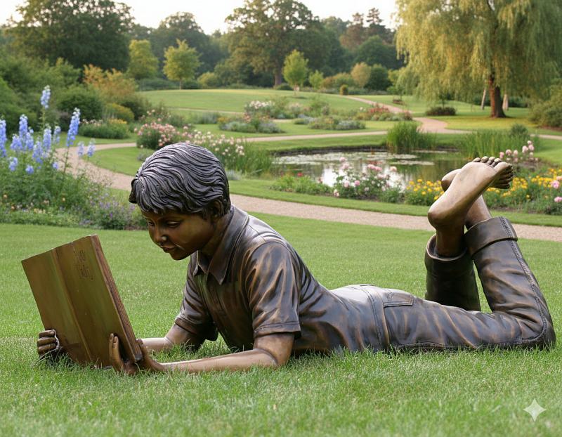 Gartenfigur Bronze Junge mit Buch