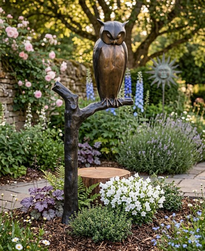 Bronzeskulptur Eule auf Baumstamm groß 171cm