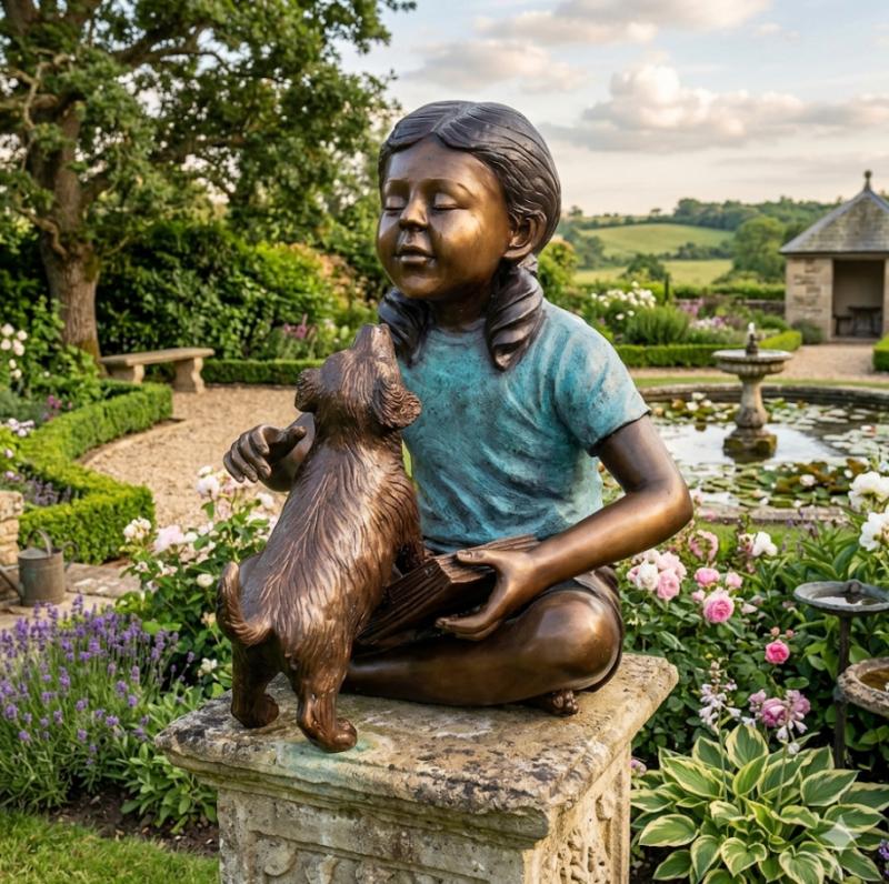 Bronze Gartenfigur sitzendes Mädchen mit Hund 48cm
