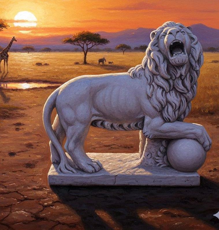 Löwenfigur stehend in der Savanne