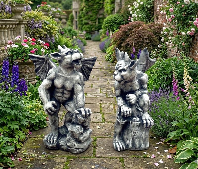 Gartenfiguren Gargoyle Set Drachen mit Flügel Steinfiguren Mauer Torwächter Fantasy