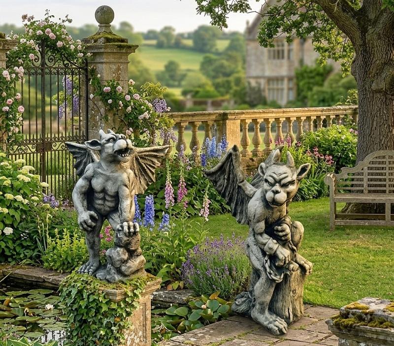 Gartenfiguren Gargoyle Set Drachen mit Flügel Steinfiguren Mauer Torwächter Fantasy